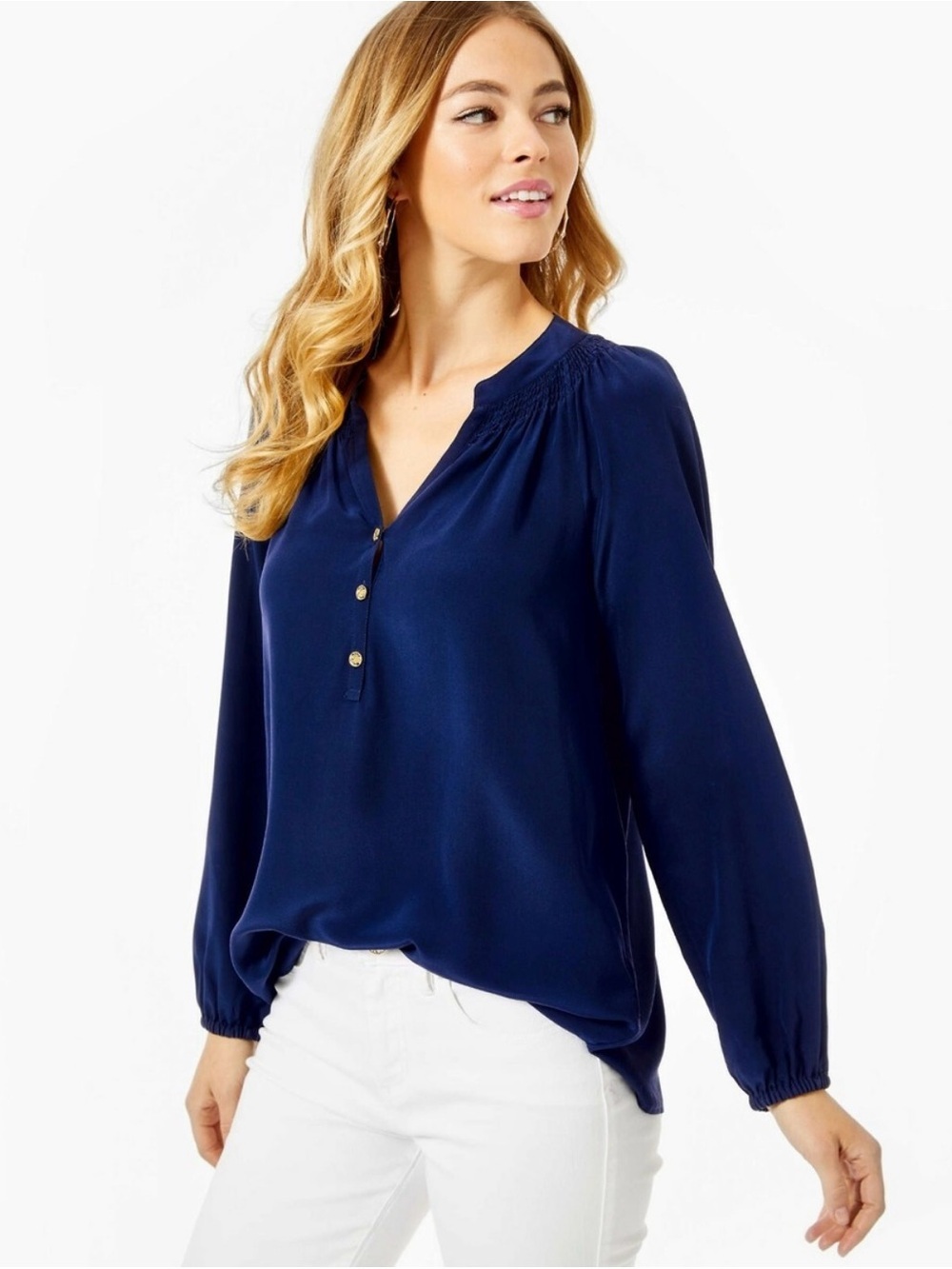 Lily Pulitzer 100% Silk Elsa Sheer Navy Button VNeck Pillow Sleeve Flowy Blouse